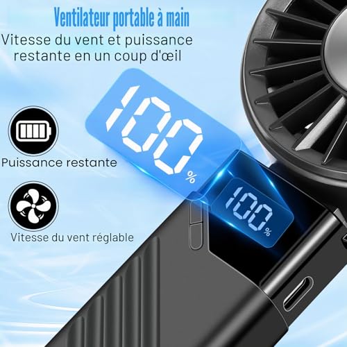 Portable Fan, Mini Silent USB Fan 3 in 1 Hand Fan Small Rechargeable Pocket Fan 5 Speed, 4000 mAh Outdoor Hand Fan for Office, Travel, Makeup, Camping