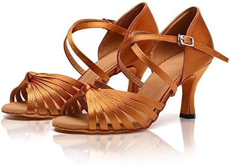 DLisiting Latin Shoes for Women Adult Brown Satin Ballroom Salsa Dance Shoes 3 inch Heel