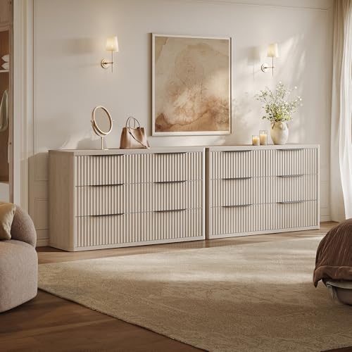 SICOTAS Dresser for Bedroom 107" Wide 6 Drawer Dressers & Chests of Drawers for Closet Long Large Modern TV Stand Set for Clothes Storage Fluted Wide Clothes Closet for Hallway Entryway, White Alder