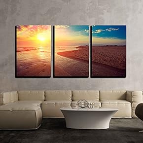 3 Piece Canvas Wall Art - Sunrise Over sea - Modern Home Art Stretched and Framed Ready to Hang - 16"x24"x3 Panels