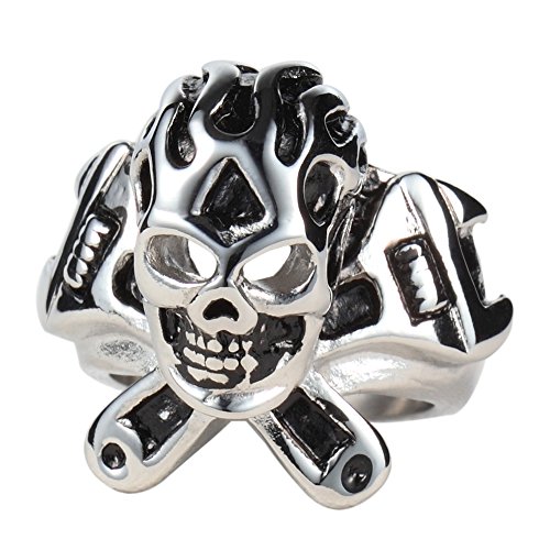 Men's 316l Stainless Steel Mechanic Wrench Cross Skull Punk Gothic Biker Ring Silver Black (12)
