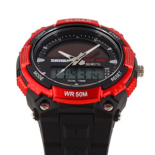 Fanmis Men's Solar Powered Casual Quartz Watch Digital & Analog Multifunctional Sports Watch Red