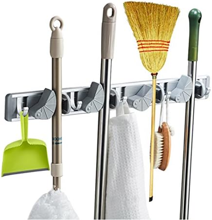 Mop and Broom Holder Wall Mounted Organizer with Towel Hooks, Home Storage Solutions for Kitchen, Closet, Garden, Garage and Shed Tools Organization (4 Position 5 Hooks, Grey)