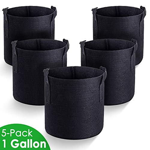 MAXSISUN 5-Pack 1 Gallon Plant Grow Bags, Heavy Duty Thickened Non-Woven Aeration Fabric Pots Container with Reinforced Handles for Gardening