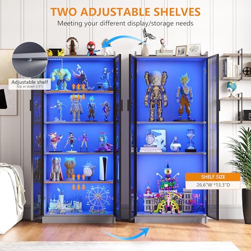 Storage Cabinet with Doors Adjustable Shelves - 65" White Tall Kitchen Pantry Organizer with Metal Handle/LED Lights/Human Sensor - 5 Tier Display Bookcase for Bedroom Living Room Office (A-Grey)