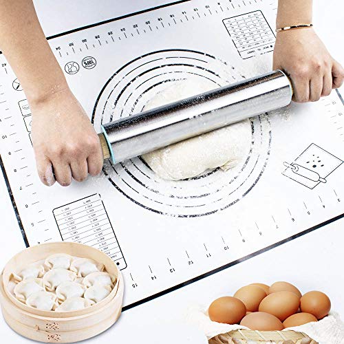 Rolling Pin and Silicone Pastry Mat Set,Stainless Steel Rolling Pin for Baking Dough,Fondant,Dumpling,Pizza,Pie,Pastries,Pasta and Cookies (stainless steel) - Thumbnail 4
