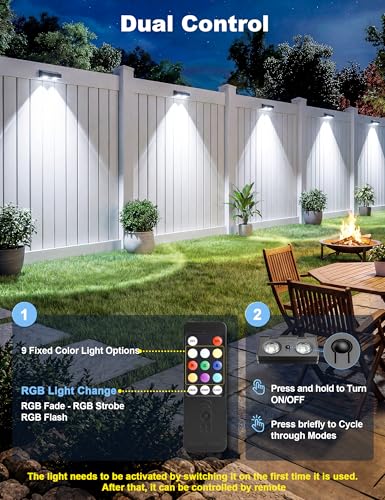JOFIOS Fence Lights Solar Powered with Remote, 9 Fixed Colors 12 Modes, Solar Fence Lights Outdoor Waterproof, Warm/Cool White, RGB LED Deck Lights for Step/Yard/Railing/Balcony/Patio/Outside, 8 Pack