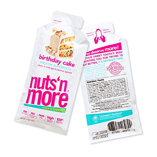 Nuts 'N More Birthday Cake Peanut Butter Spread, All Natural High Protein Nut Butter Healthy Snack, Omega 3's and Antioxidants, Low Carb, Low Sugar, Gluten Free, Non GMO, No Preservative,1.1oz 10-pack