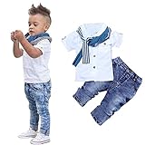 Efaster® 1Set Kids Baby Boys Short Sleeve T-Shirt Tops+Scarf+Trousers Clothes Outfits