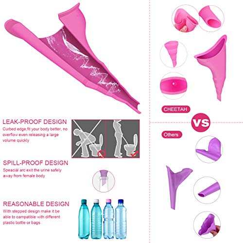 Cheetah Female Urination Device - Pee Standing Up - Reusable Portable Urinal for Women - Lightweight Design for Outdoor Activities - with Discreet Carry Bag-Pink