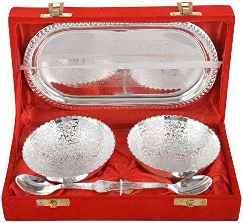 Jaipur Brass Bowl, Spoon & Tray Set, 5 Piece, Silver.
