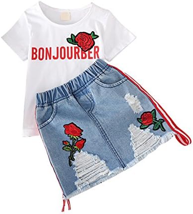 Baby Girl Shirt and Skirt Clothes Set,1-6 Years Old Rose Embroidery Outfit White T-Shirt and Denim Mini Skirt