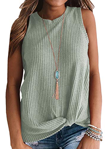 MIHOLL Womens Casual Tops Sleeveless Cute Twist Knot Waffle Knit Shirts Tank Tops (XX-Large, Light Green)