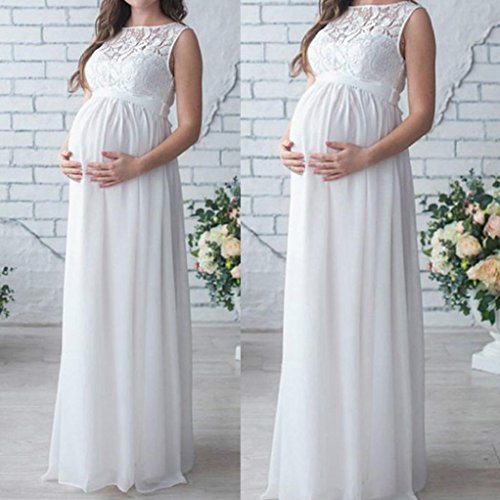 ManxiVoo Pregnant Women Lace Long Maxi Dress Sleevess Maternity Gown Photography Props Clothes (XXL, White)