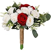 Eforcase Wedding Rose Bouquet Bridesmaid Flower Bouquets, Artificial Flower Red White Rose Wedding Bouquets for Bride Bridesmaid Bouquet Faux Bouquet Bride Bridesmaid Holding Flower for Wedding Decor