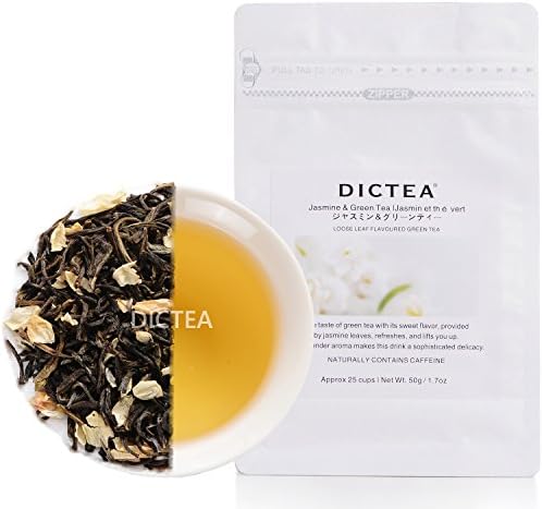 DICTEA - Jasmine Green Tea - 25 Cups (1.7oz / 50g),Natural Antioxidant and Uplifting Morning Drink,Detox Tea, Slimming &amp; Weight Loss Tea,Caffeinated,Delicious &amp; Aromatic Loose Leaf Flavoured Green Tea