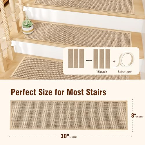 Linen Stair Treads Non Slip 15pcs 8"X30" Stair Runner for Wooden Steps Peel and Stick Stairs Carpet Treads Indoor Staircase Covers Mat with Self-Adhesive Backing for Pets and Kids Beige