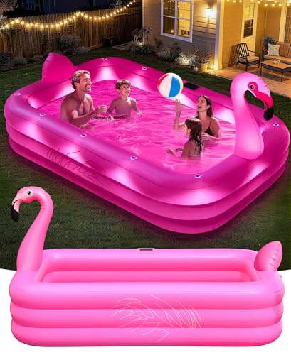 PoolLeader Piscina Hinchable Adultos, Flamenco Piscina Hinchable Rectangular con Luces Solar, Adopta un Material de PVC Grueso & Duradero, 254x160x50cm Piscinas Inflable Familiar Grande para Jardin