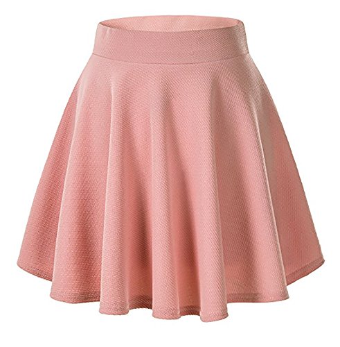 Moxeay Women's Basic A Line Pleated Circle Stretchy Flared Skater Skirt (X-Large, Pink)