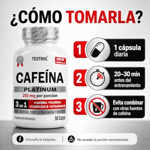 Cafeína Platinum 210mg | Fórmula con Taurina, Magnesio y Complejo B | Preentreno | Energía y Enfoque | Cafeina capsulas Testrol | 90 Cápsulas