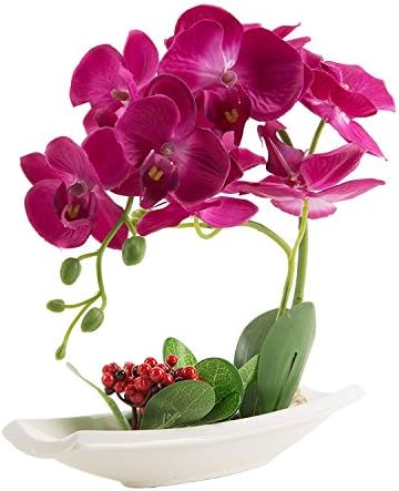 LOUHO Home decor artificial Phaleanopsis Orchid Silk Flower Arrangement with berry in White Vase Decorative nearly natural flowers table centerpieces for living room dining room (Purple red)