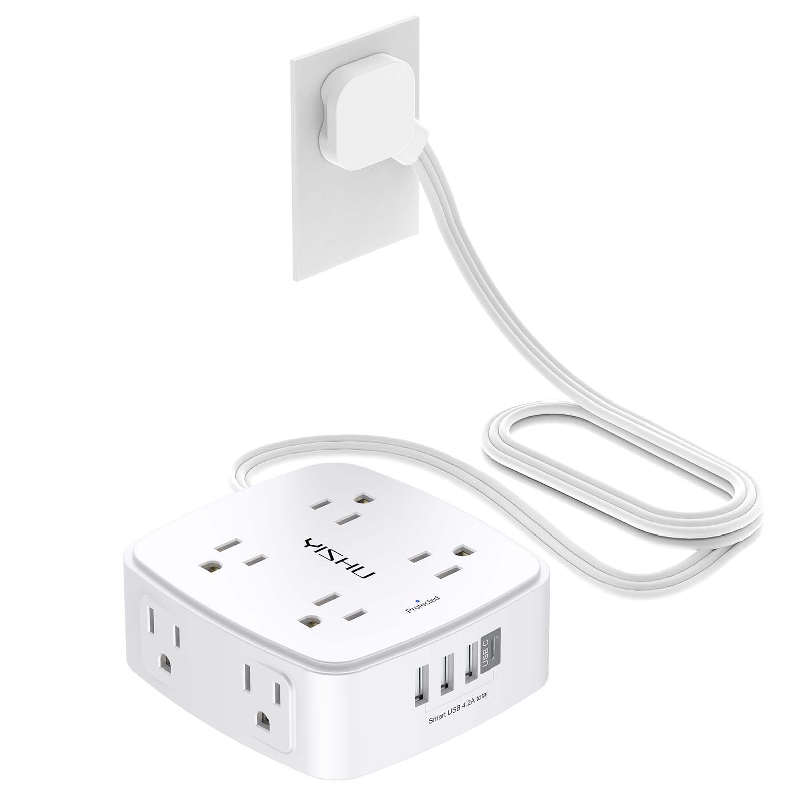 Photo 1 of 6 Ft Surge Protector Power Strip - YISHU 8 Widely Outlets with 4 USB Ports, 3 Side Outlet Extender with 6 Feet Flat Extension Cord, Ultra Flat Plug, Wall Mount, Desk USB Charging Station, ETL, White