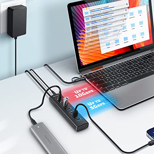 USB Powered Hub, RSHTECH 7 Ports USB 3.2/USB C Hub with USB-A 3.2 to 10Gbps, 2 USB-C 3.2, 4 USB 3.0 Ports to 5Gbps, USB C Hub Aluminum Data Cable 1m, Power Supply 24W, RSH-A107C