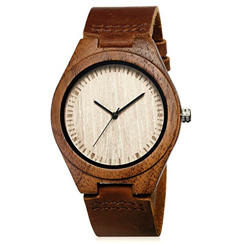 CUCOL Men's Walnut Wood Cowhide Leather Strap Watch Wooden Case Analog Quartz Wristwatch with Gift Box