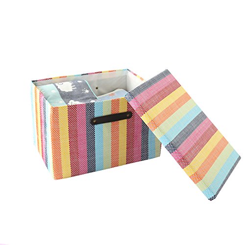 Large Fabric Storage Box with Lid and Leather Handles by Tegance,Decorative Collapsible Storage Bin for Office, Home, Closet, Toys Rainbow Color 16x11x10.6 Inch (16(L) x11(W) x10.6(H))