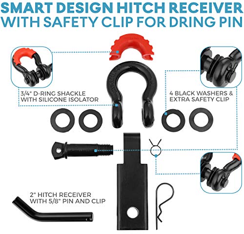 motormic Shackle Hitch Receiver 2" (35,000 lbs Max Capacity) with 3/4" D Ring and 7/8" Screw Pin Safety Ring - Includes 1 Black Bent Pin, 4 Rubber Washers and 1 Red Isolator