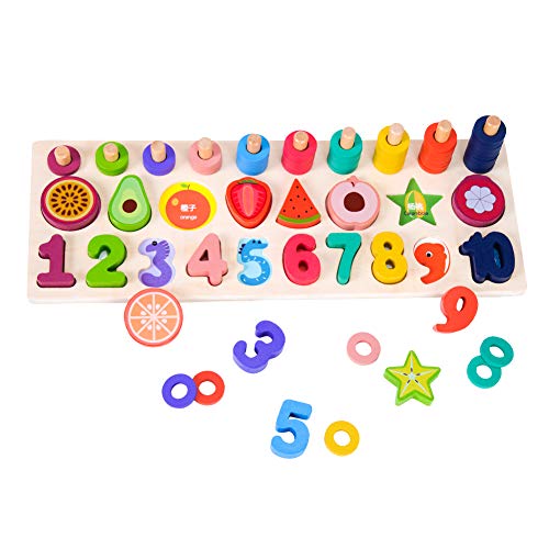 GEMEM Counting Shape Stacker Wood Sorting Puzzles Toys Montessori Preschool Toddler Counting Diversity Toy Fruit Number Math Blocks for 2 3 Year Old Kids