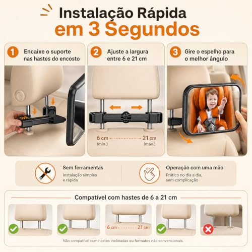 Altomex Espelho Retrovisor Traseiro para Carro, Preto, Ajustável, Monitoramento de Bebê na Cadeirinha, Visão Ampla, Retangular