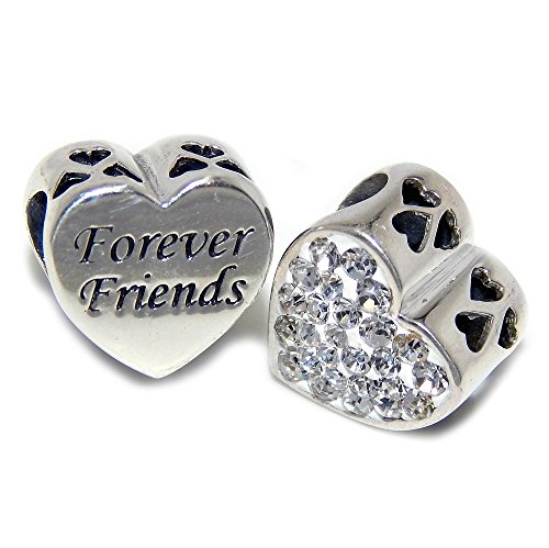 Pro Jewelry 925 Solid Sterling Silver Forever Friends/Clear Crystal Heart Charm Bead