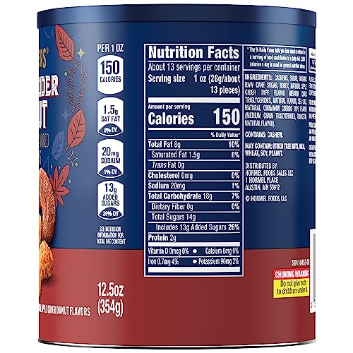 PLANTERS APPLE CIDER DONUT CASHEWS, COOKING & BAKING NUTS & SEEDS, FLAVORED CASHEWS, FALL SNACKS, CASHEW, PARTY SNACK, PLANT-BASED PROTEIN, 12.5 OZ CANISTER
