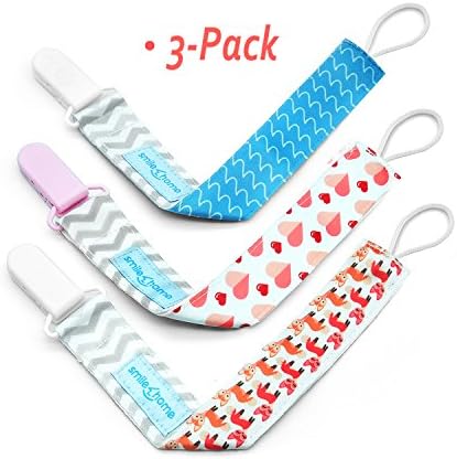 Pacifier Clip by Smilehome, Unique Double Layer Design, Mam’s Choice Soother / Soothie Chain, Dummy Holder Unisex, Animal &amp; Geometrical Patterns, Blue &amp; Pink (3-Pack)