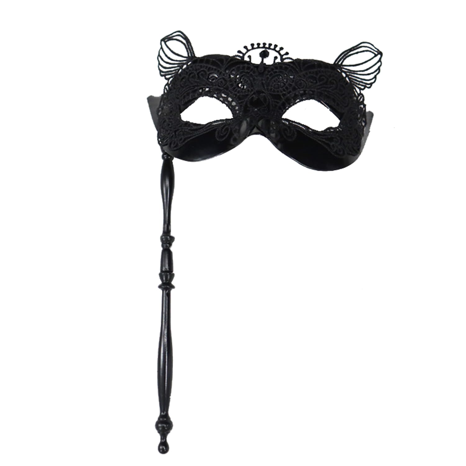 NAUZE Masquerade Mask With Stick Cat Ears Lace Masquerade Mask Adjustable Face Cover for Halloween Masque Party Venetian Masque Party Prop