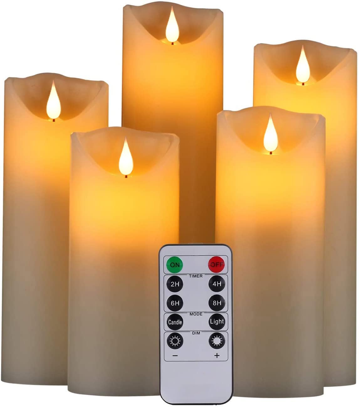 HANZIM LED Candles,Flameless Candles 5"6"7"8"9" Set of 5 Real Wax Battery Candle Pillars, Realistic Dancing Mood Candles and 10 Key Remote Control with 24 Hour Timer Function (Ivory)