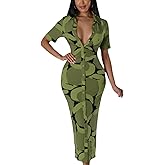 ZERMOM Women's Button Down Shirt Dress Short Sleeve Print Collar V Neck Summer Bodycon Midi Dresses
