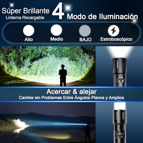ALKDHDU Linterna Led Recargable 10000 Lumenes,Lampara de Mano Potente Tactico Militar USB,IPX5 Impermeable 4 Modos, Tecnología de Cola Innovadora para Emergencias,Camping,Exteriores y Aventuras