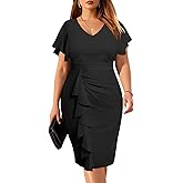 Plus Size Cocktail Dress - Wedding Guest Women Bodycon Vintage Ruffle Church Pencil Dress