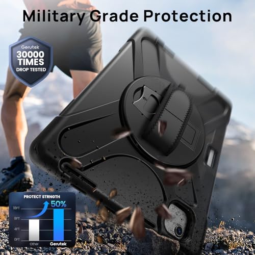 Gerutek Shockproof Case for iPad Air 11 inch M4/M3/M2 (2026/2025/2024)/Air 5th/Air 4th/iPad Pro 11 (4th/3rd/2nd/1st Gen), Heavy Duty Case with 360 Rotating Stand, Hand Strap and Shoulder Strap, Pen Holder, Black