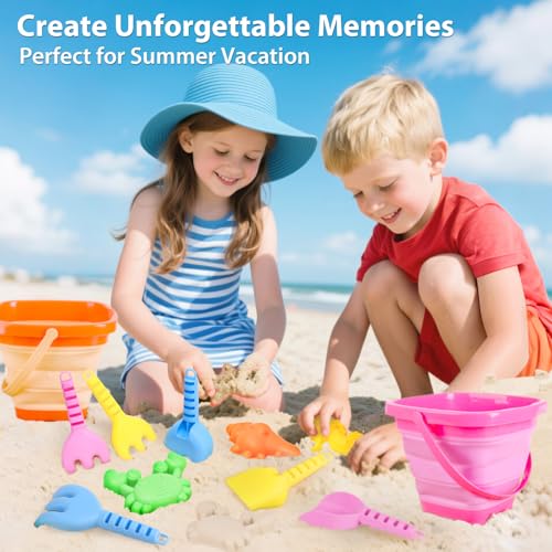 Dreamon Beach Sand Toys for Kids Bucket and Spade Castle Sand Pit Toy with Collapsible Folding Bucke and Marine Animal Moulds Indoor Outdoor Toys for Children Toddles Age 3 4 5 (14 PCS)