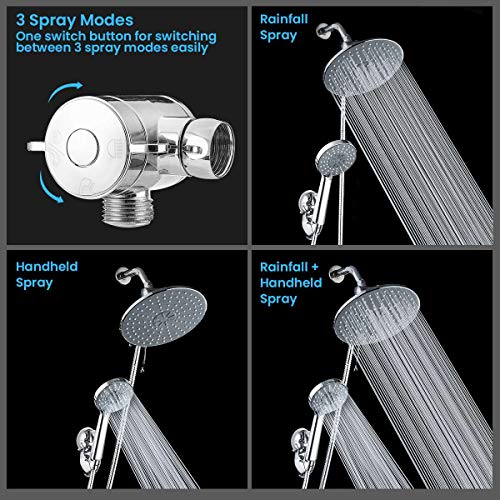 Shower Head Combo, Baban 9" Adjustable High Pressure Rainfall Showerhead & 5 Settings Handheld Shower Head Combo with Strong Suction Cup Holder/ 3-Way Water Diverter/ 1.5M Stainless Steel Hose