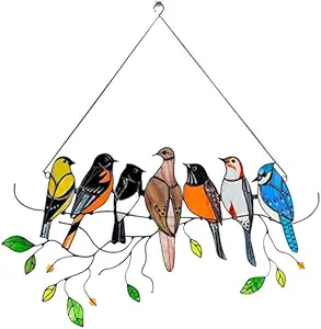 S SOORIYAN Multicolor Birds on a Wire High Stained Ornament Glass Suncatcher Window Panel, Bird Series Hanging Ornaments Pendant Home Decoration, Windows Decor, Gifts for Bird Lover (7)