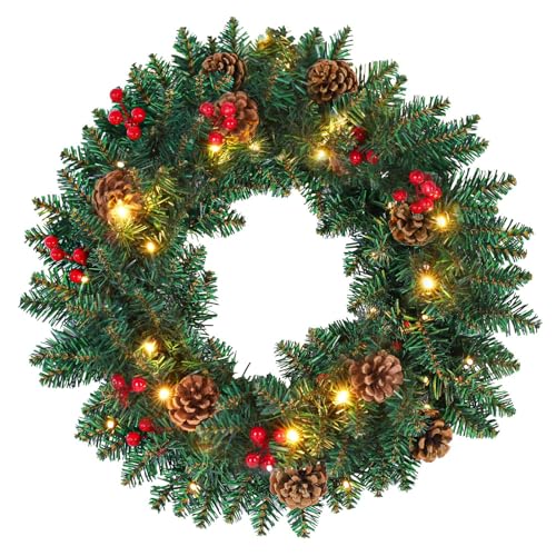 Christmas Wreath, Christmas Decorations with LED Lights Wreaths for Front Door Ornaments Door Wreaths Decor Outdoor Indoor Xmas Red Mixed Glitter Finish Artificial Decoration