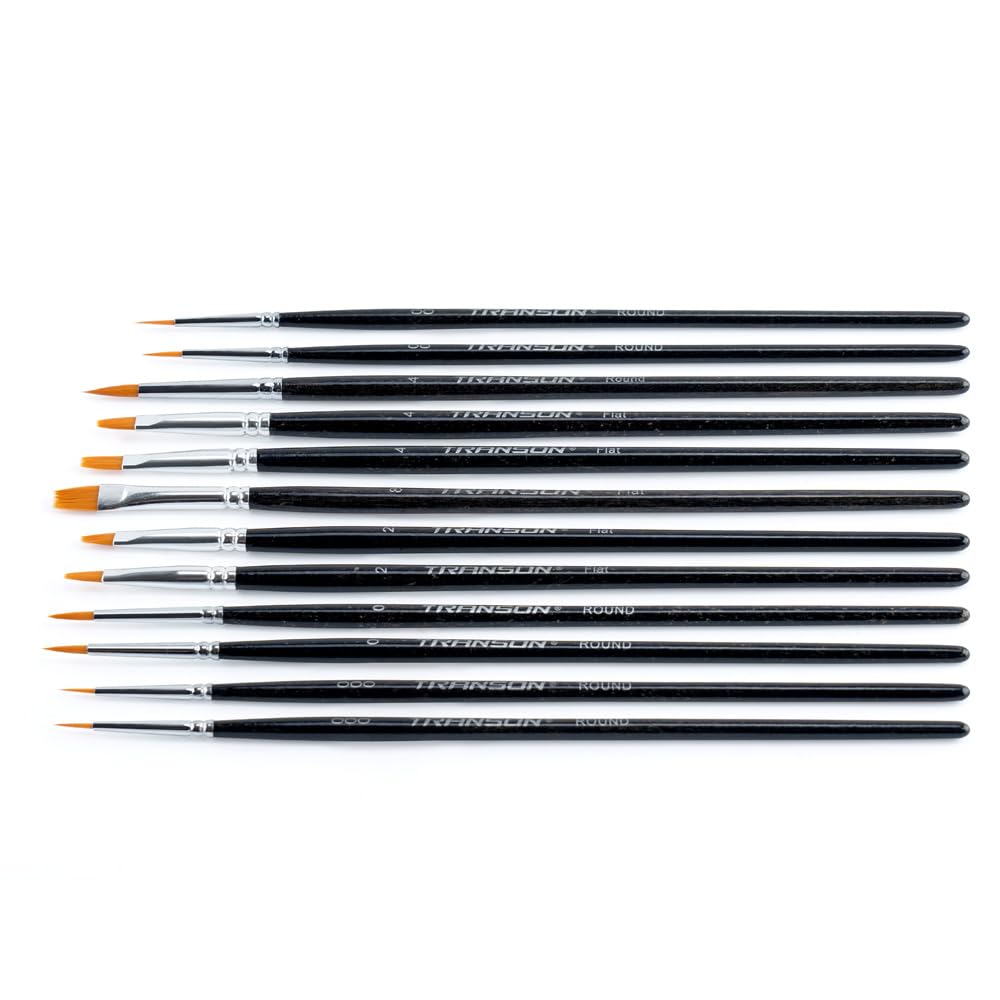 TRANSON 12pcs Small Detail Painting Brushes for Miniature Model Painting, Suitable for Acrylic Watercolor Gouache Oil Paint