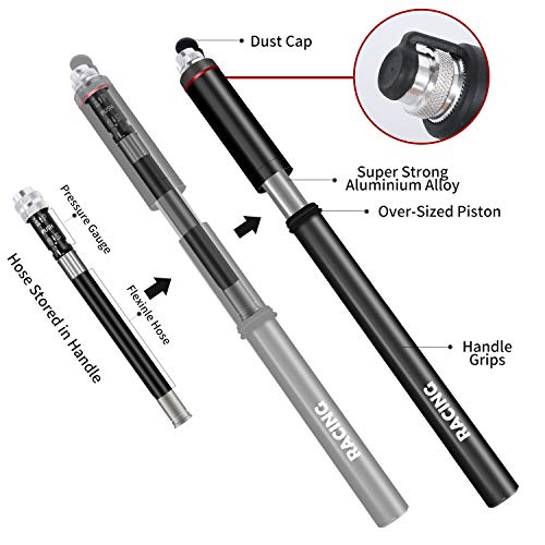 racing Mini Bike Pump with Gauge-Fits Presta and Schrader-Accurate High Pressure 150 PSI-Portable Bicycle Tire Pump for Road Mountain Bikes-Durable& Lightweightï¼ŒCompact Hand Pump