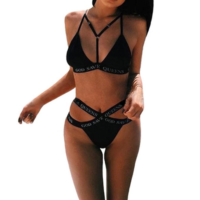 REGENBOW Damen schwarz Push Up Bikini Print Buchstabe Ausschnitt Hohe Taille Bademode