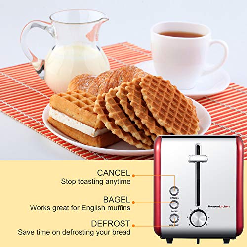 Bonsenkitchen 2 Slice Red Toaster, Extra Wide Slot 5.5''*1.4'' for