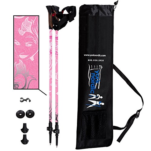 York Nordic Pink Walking Poles - Lightweight, Adjustable, and Collapsible - 2 poles w/rubber feet and travel bag (Nordic)
